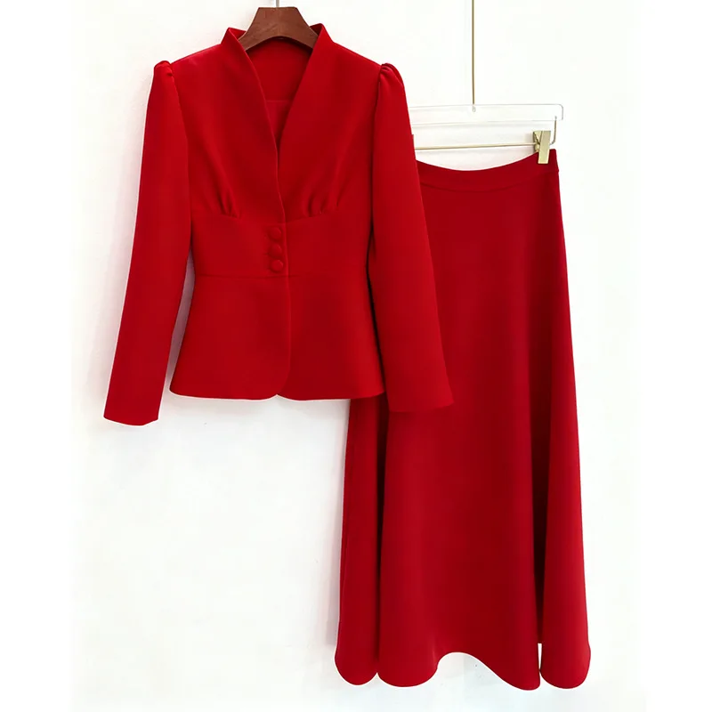 HKSH Lente Herfst Nieuwe Vrouwen Tweedelige Set Elegante V-hals Single Breasted Taille Cinching Jas Effen Kleur A-lijn Rok HK18149