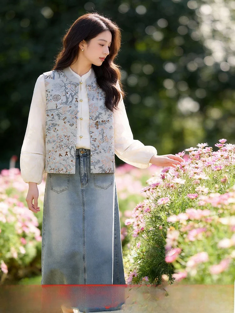 

plus Size Women's Fashion Set Autumn Season Denim Style Slimming Elegance Three Piece Suit Polyester Fiber Long Sleeve