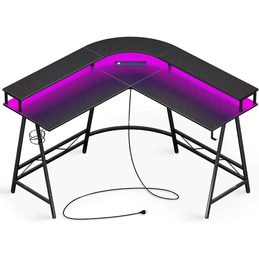 

Table Computer Desks L Shaped Desk Gaming Desk With LED Lights & Power Outlets Carbon Fiber Black Furniture Pliante Reading Room