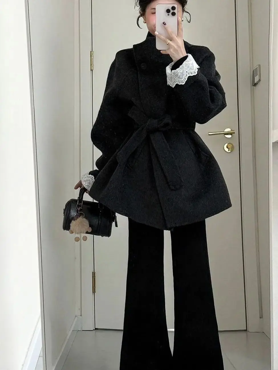 

Korean Sle Bla Woolen Coat Winter High Quali Elegance Small Size Waist Cinched Midi Length Belted Coat for Young Women