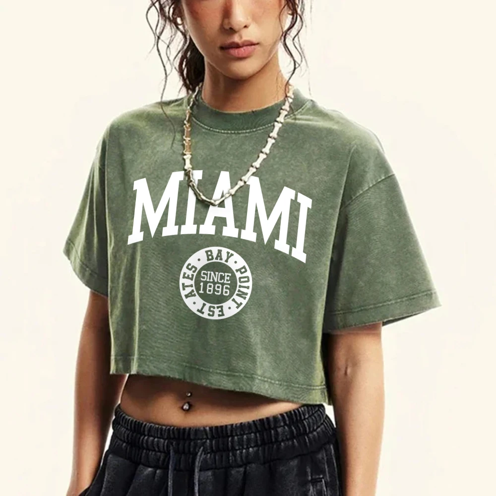 Women\'S Cotton Washed T-Shirts Summer Distressed Regular Fit Crop Tops Miami, Usa Printing Short Sleeve Casual Female Clothes