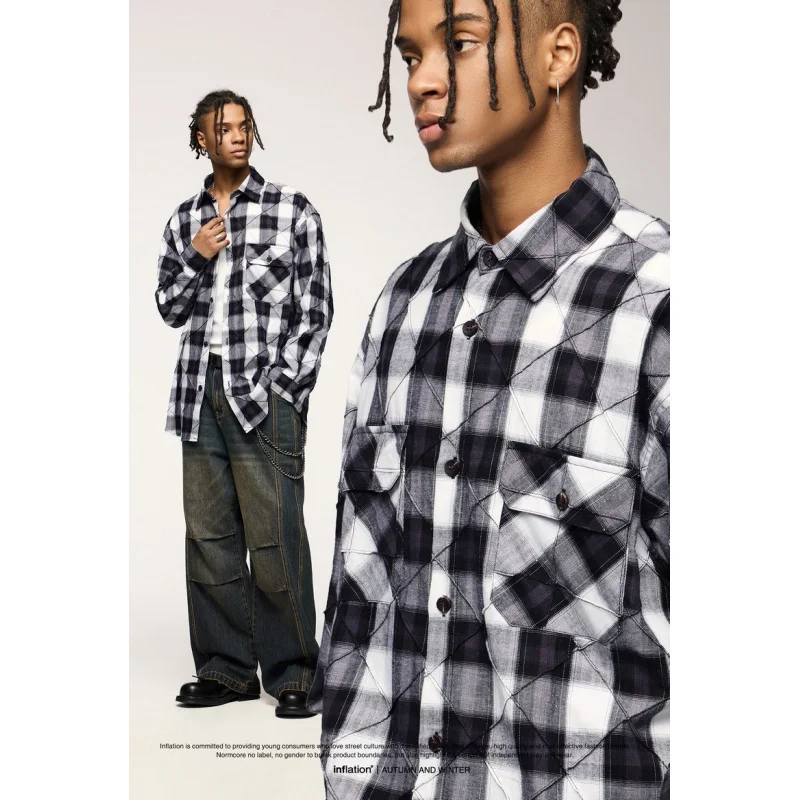 New men's casual plaid shirt long-sleeved chest double pocket design fashion buttons men's streetwear