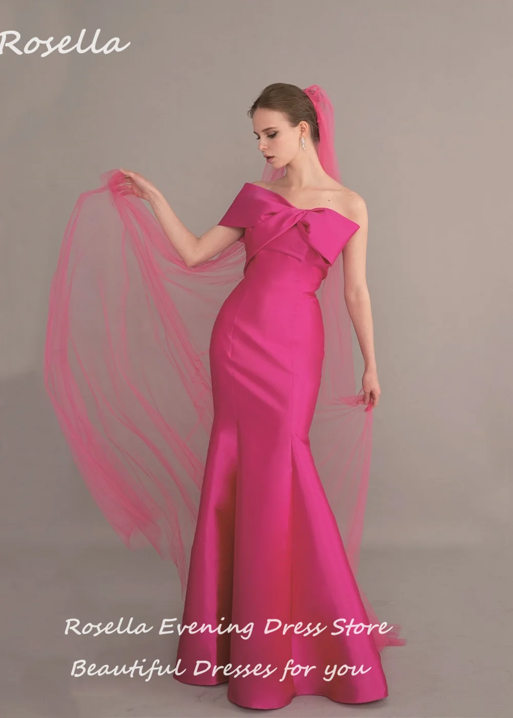 ROSELLA Rose Pink One Shoulder Women Evening Party Dresses Rib Bow Floor Length Mermaid Prom Gown New 2023