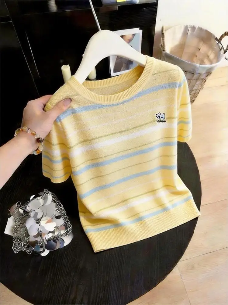 

Summer Slimming round Neck Ice Silk Short Sleeve T-Shirt Women's Breathable Comfortable Korean Style Loose Fit Striped Embroi...
