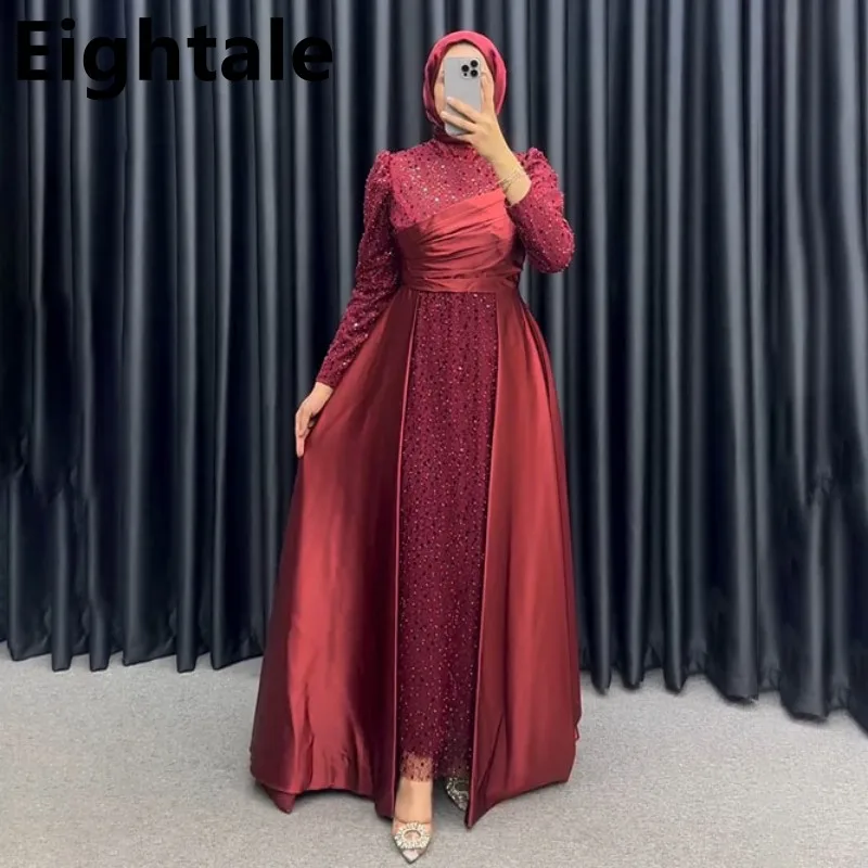 

Eightale Burgundy Muslim Long Sleeve Sequin Evening Dress Abiye Scalf High Neck Dubai Prom Dress Formal Party Gown Vestidos