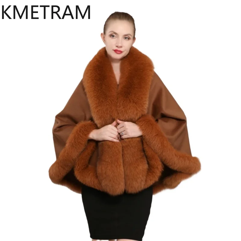 

90% Wool + 10% Cashmere Cloak with Fox Fur Collar Winter Real Fur Coat Woman Loose Shawl Coats Women Clothing 2025 шуба женская