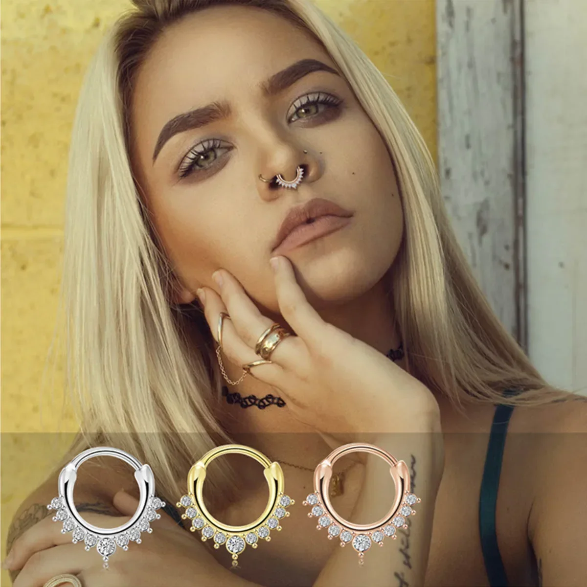 2Pcs 316L Surgical Steel Zircon Nose Ring Hinged Septum Ring Clicker Daith Piercing Ear Cartilage Helix Hoop Flowers Water Drops
