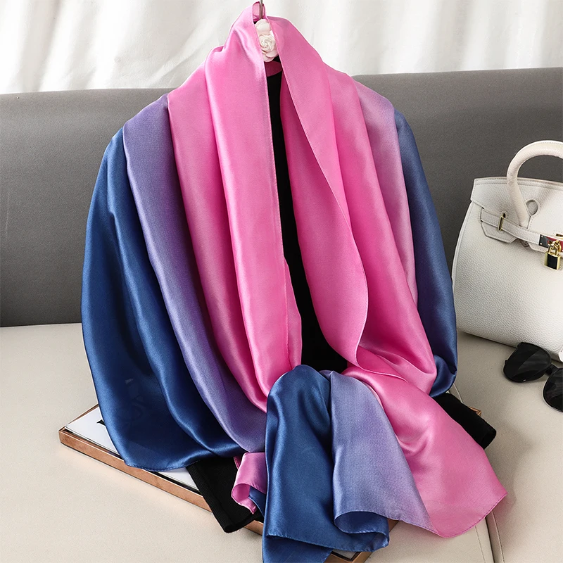 Luxus Farbverlauf Seiden schal Frauen Marke solide Femme Schals Wraps Bandana Kopf Foulard Mode Dame Hijab Hochzeit Poncho – Detail 26