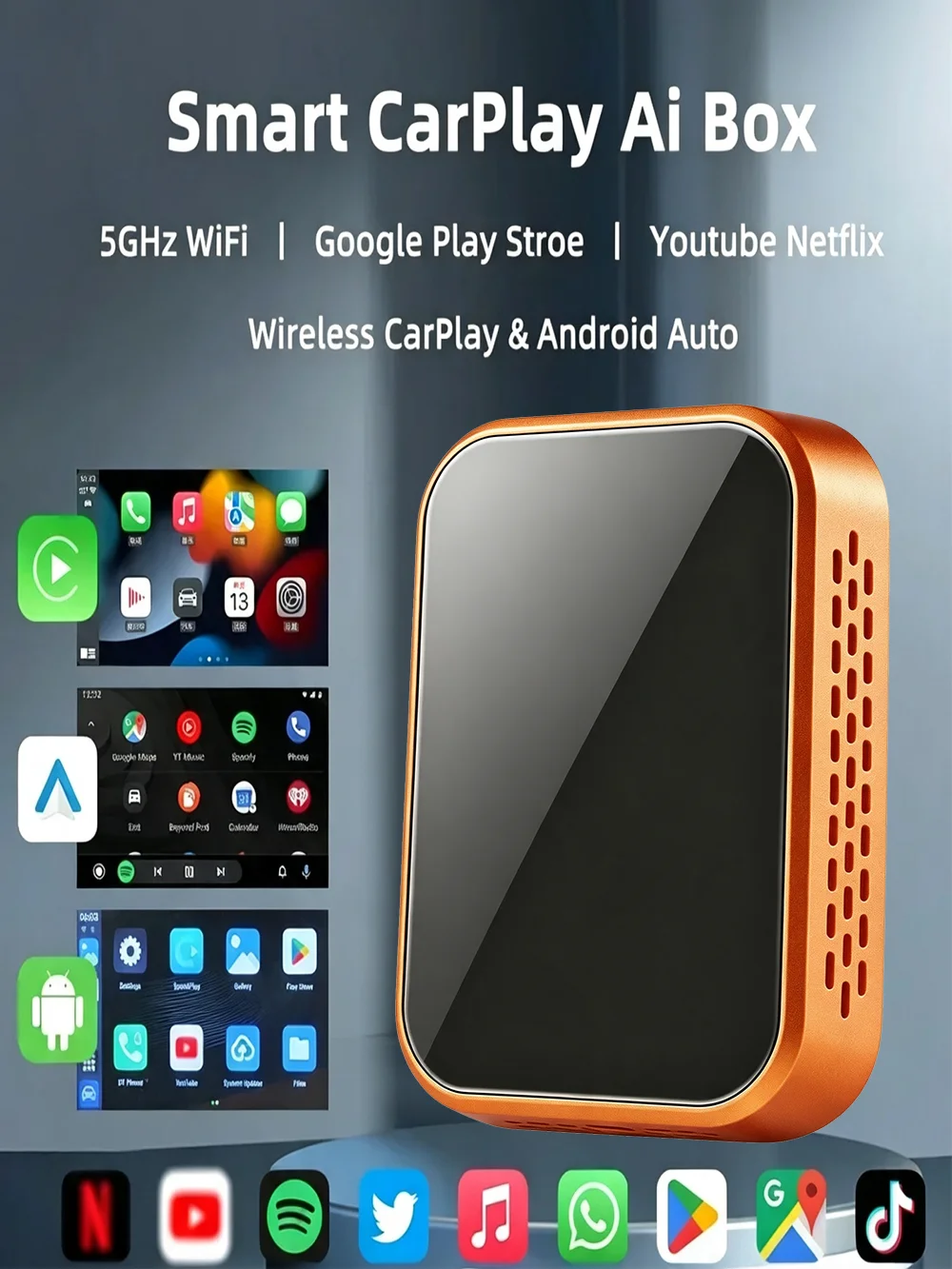 Nowy ulepszony Android Ai Box z funkcją przekształcenia CarPlay z trybu przewodowego w bezprzewodowy, adapter Android Auto z WiFi do YouTube i Netflix, inteligentny moduł samochodowy z wbudowanym Play — 2