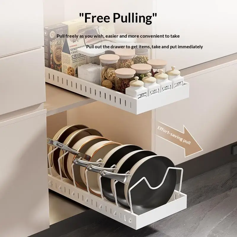 Multifunctional Pull-out Sliding Kitchen Storage Rack Drawer Organizer For Pan Lids Spices Bowls Plates Cookware Storage