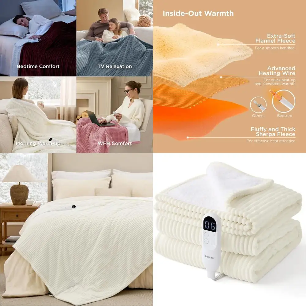 

Twin Size Electric Blanket with 10 Timers, 6 Heat Levels, and Auto-Off, Soft Flannel, Perfect for Grandma (62x84, White)