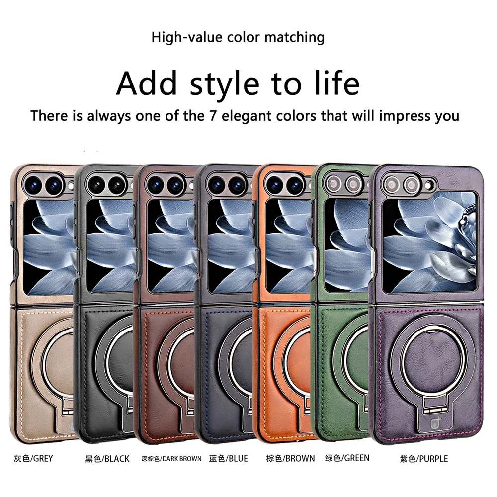 For Samsung Galaxy Z Flip 6 5 4 3 Magnetic Flip Phone Case Luxury Leather Phone Cover Ring Bracket Shockproof Phone Shell