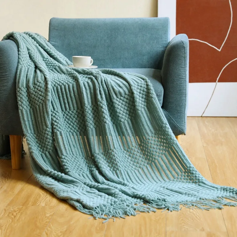 Textured Knitted Throw Blanket with Tassels 3D Bubble Pattern Soft Leisure Nap Cover Decorative Sofa Bed Cover For Indoor