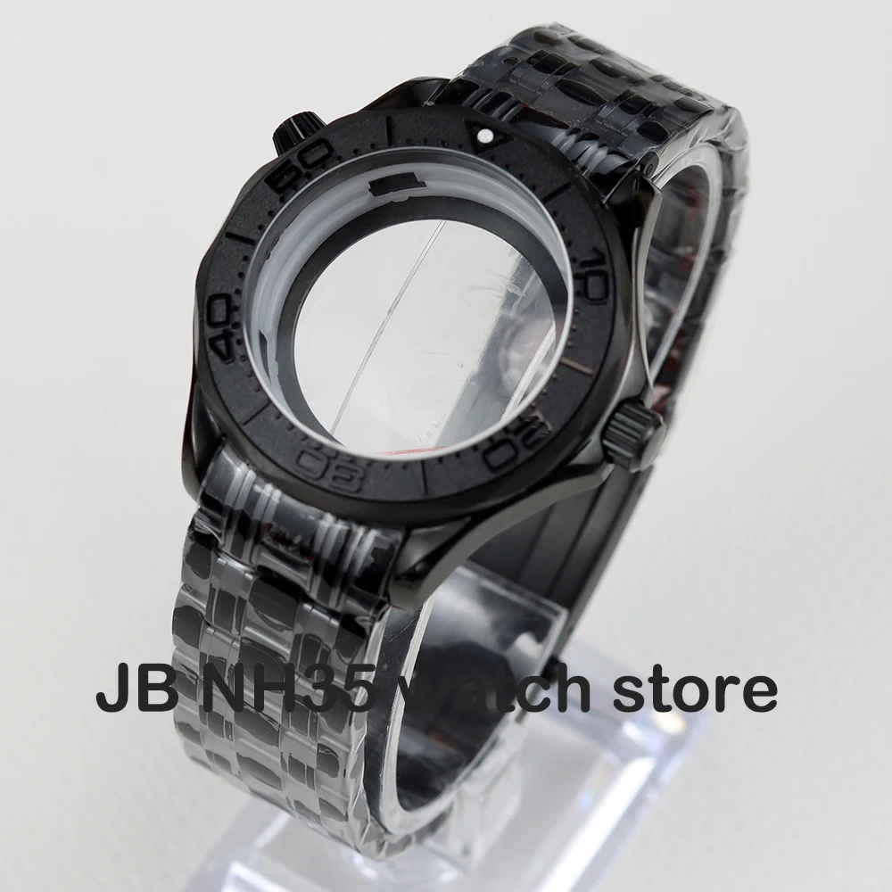 

41mm black nh35 case and bracelet for Seamaster 300 mod NH35 NH36 movement 31mm dial Transparent Back watch case stainless steel