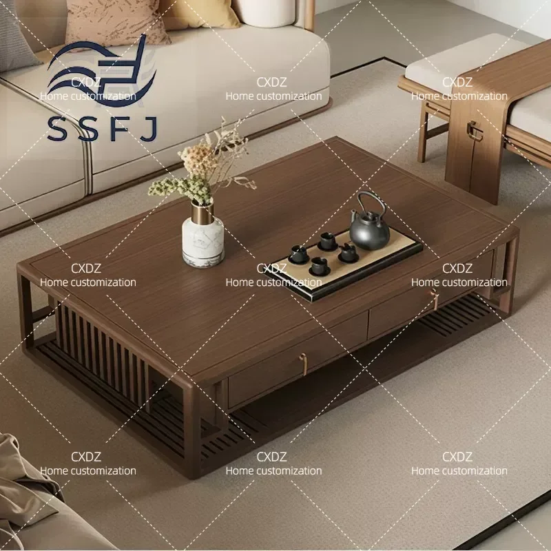New Chinese Style Hotel Lobby Reception Sofa and Coffee Table Set Leather Living Room Furniture Combination for B&B Model