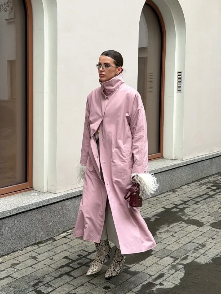 Damen Trenchcoat in Dusty Rose mit Stehkragen, Übergroße Maxi-Jacke mit Druckknopfleiste, Fallende Schultern, Leichter Loser Windbreaker – Detail 18