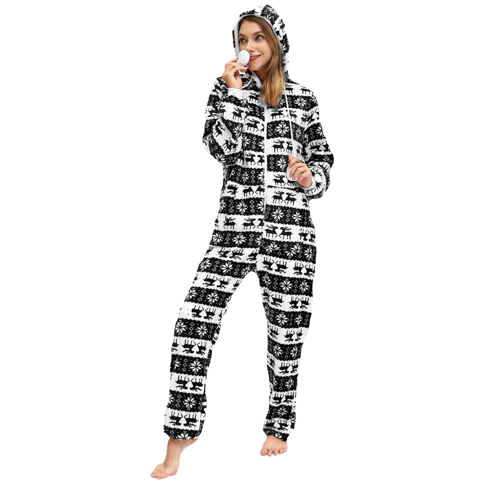 Women’s Christmas Printed Zipper Hooded Jumpsuit Nightgown Supersoft Thick Pajamas Slouchy Warm Loungewear Womens Sleepwear Set