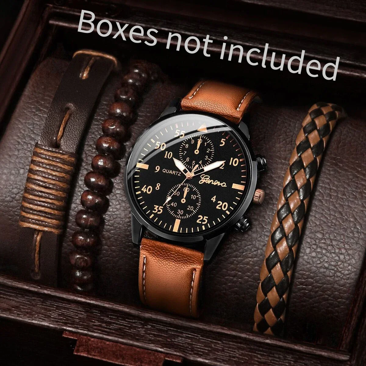

Men Vintage Chronograph Leather Watch + 3Pcs Braided Leather Wrap Bracelet Set