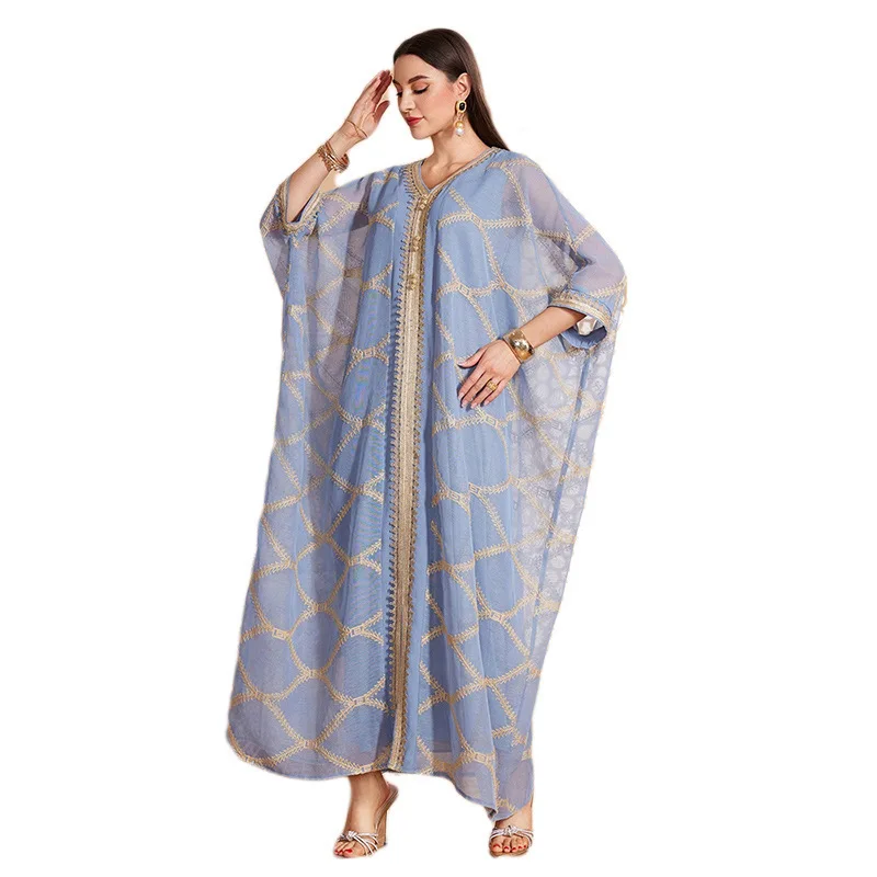 KY896 Fashion Ice Silk Wrinkle Loose Dress Classical Embroidery Muslim Arab Dubai Robe