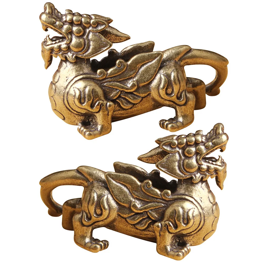 

2 Pcs Ornaments Kylin Figurines Decorative Item Desktop Decoration Sculpture Brass Statue Home