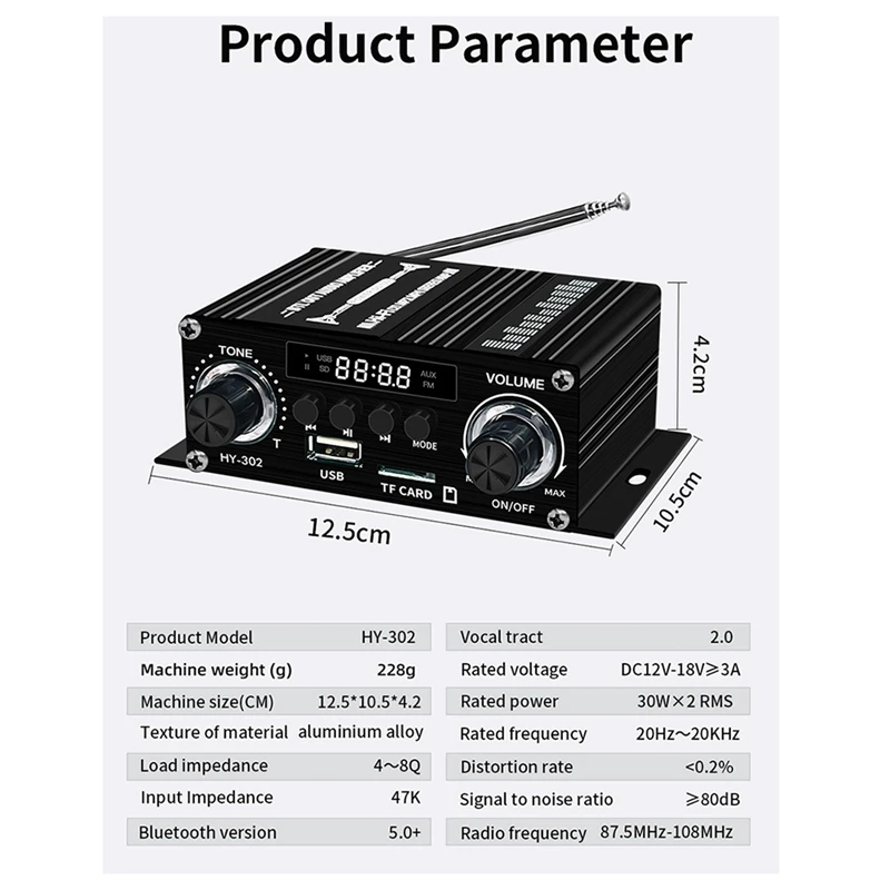 Amplificador Digital con Bluetooth para el hogar y el coche, Mini altavoz de sonido HIFI de 2 canales, FM, Clase AB, 12V