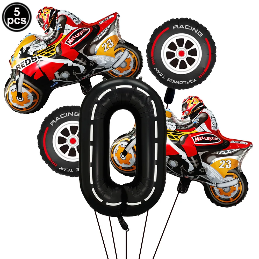 5Pcs Motorcycle Foil Balloon Black Number Motorcycle Wheel Tire Balloon Boys 5th Birthday Party Racing Car Theme Party Decor