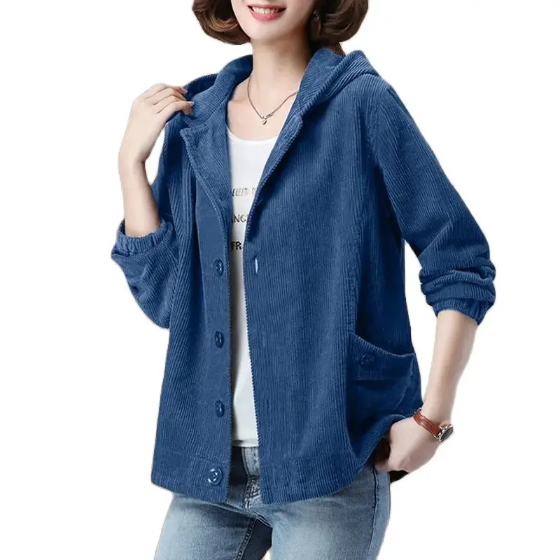 

Corduroy Jacket For Women Nice Spring Autumn Korean Style M-4XL Middle-aged Mother Casual Hooded Windbreaker Coat