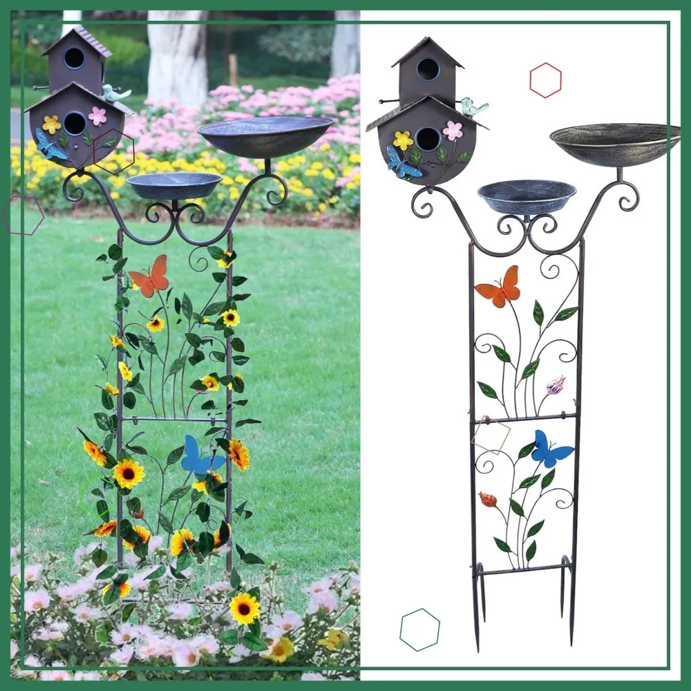 52" H 4-in-1 Metal Bird Bath Feeder & Trellis for Garden Yard Decor