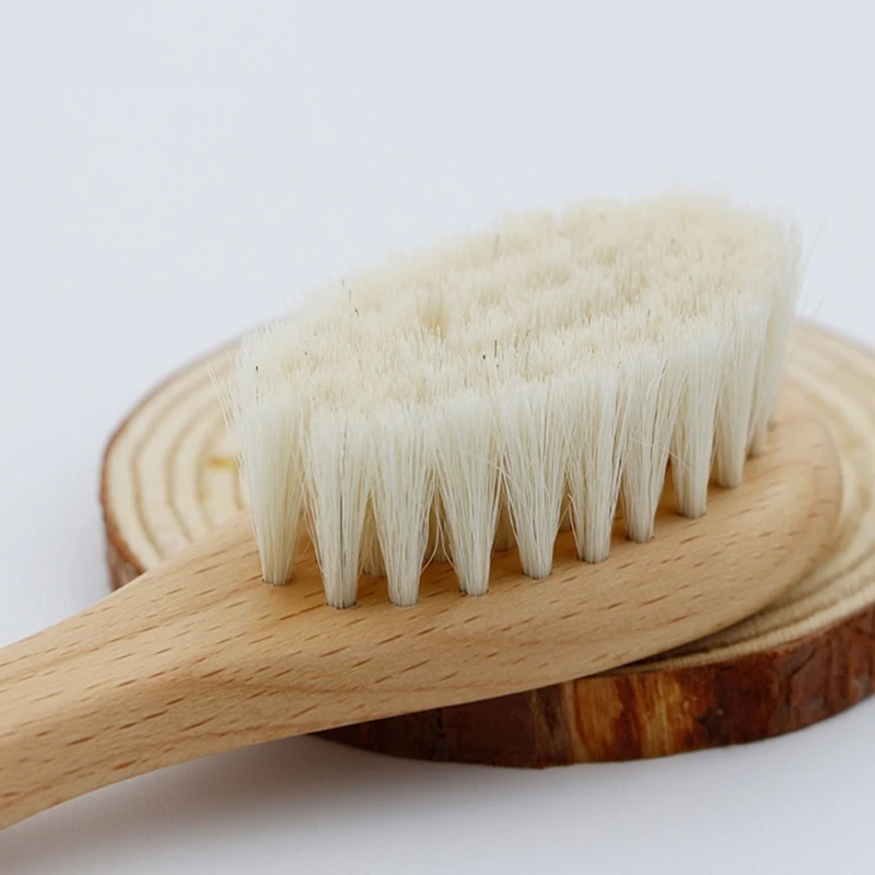 Baby Hair Brush & Comb Set Wooden Handle Baby Round Hair Brush Natural Goat Bristle Cradle-Cap Brush for Toddler Infant