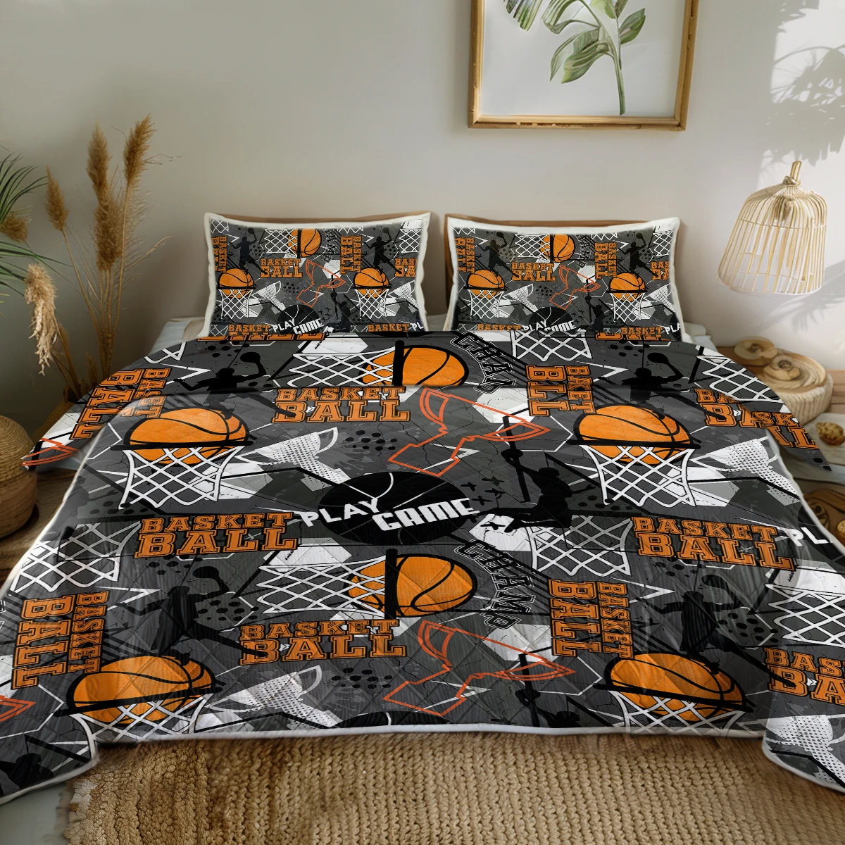 

3 Piece Sports Blanket Printed with basketballs and trophies Bedding Set Super Soft Bed Set 1 Coverlet and 2 Pillowcases