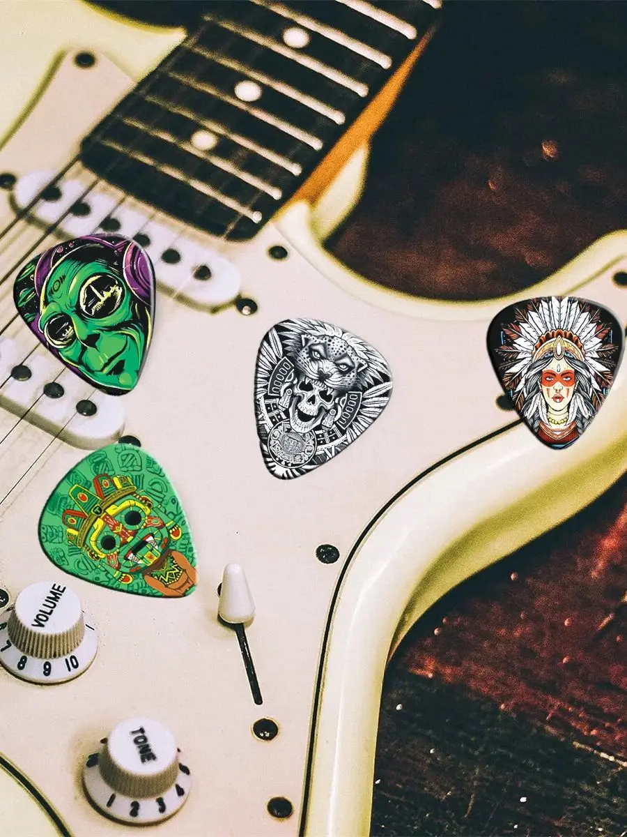 12-teiliges Einzigartiges Buntes Bedrucktes ABS-Gitarrenplektren-Set mit Metallbox, Langlebige Plektren für E-Gitarre & Bass, Zubehör-Geschenkset – Detail 7