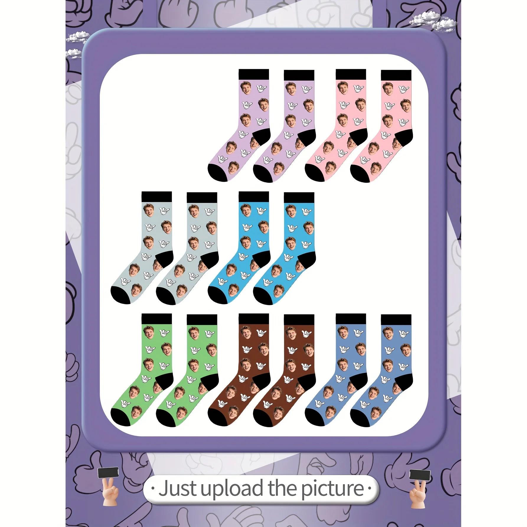 

1 пара (в индивидуальной и групповой упаковке) персонализированных носков с фотографией пары, носки с индивидуальным дизайном, с возможностью нанесения вашего изображения.