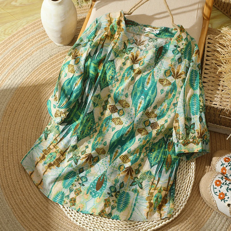 Slimming Floral Print T-irt plus Size Women's round Ne ort Sve Casual Top Thin Sle Cover Belly Summer Leisure Wear