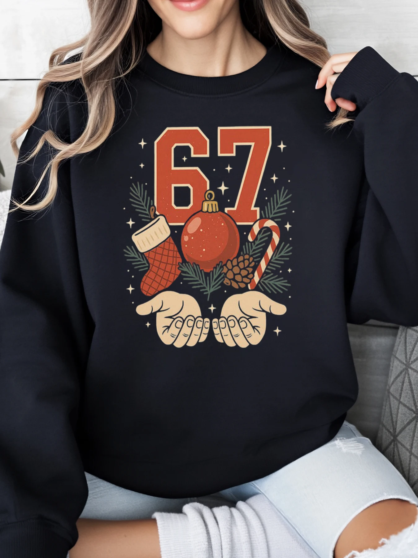 

67, рождественский орнамент, чулок, яркая трость, праздничный свитшот с принтом, женская повседневная зимняя праздничная одежда, черный, большие размеры