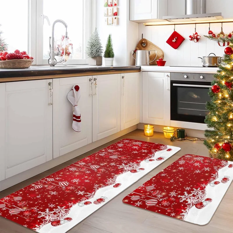 2PCS Christmas red floor mat, winter snowflake anti slip soft Christmas ball decoration