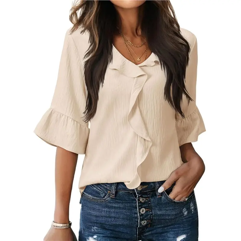 

Женская блузка CYL: Элегантная повседневная блузка с рукавом 3/4, оборками и расклешенным низом, деловая формальная рубашка для работы