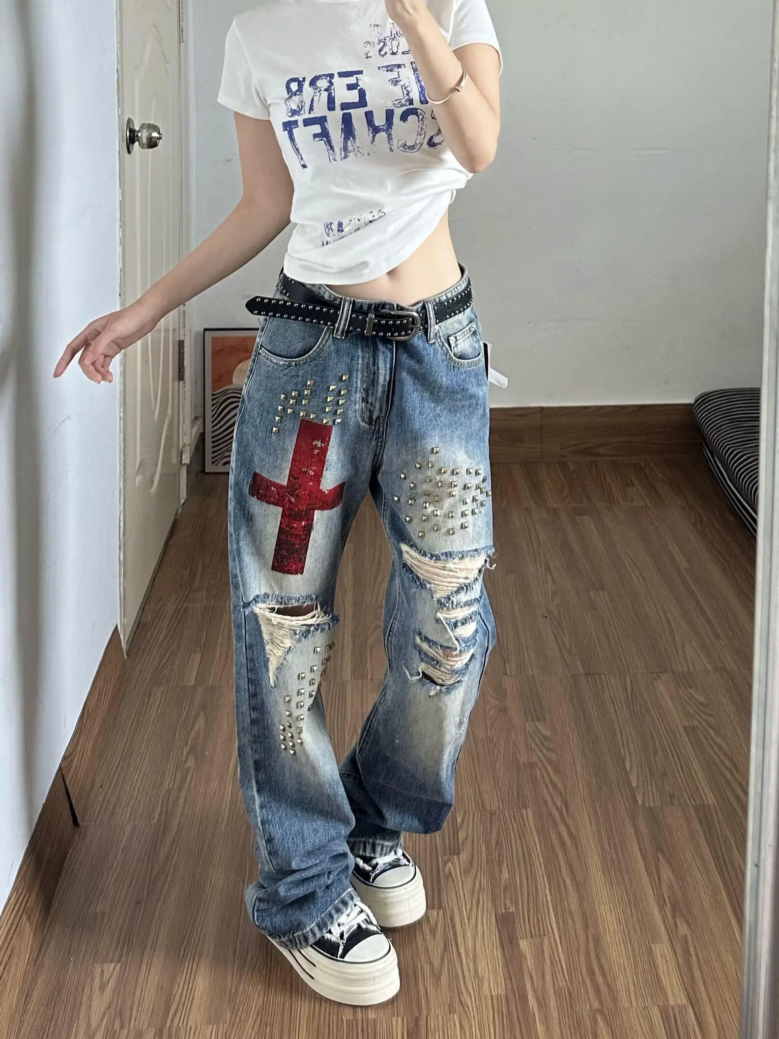 Retro Handmade Rivet Washed Stacked Denim Jeans Men's Slim Fit Curved Knife Sense of Jeans Men's Casual High Waist Zipper