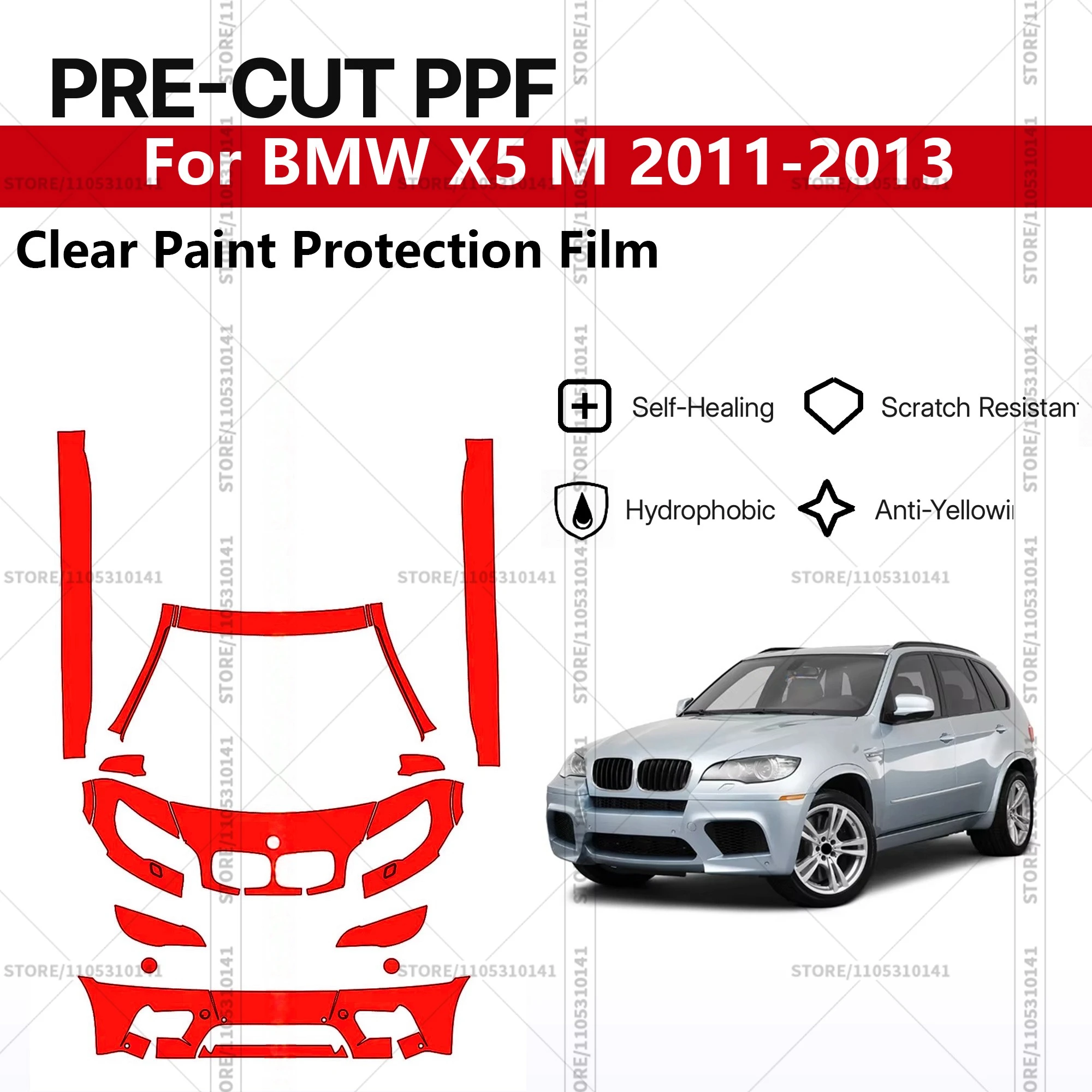 

Для BMW X5 M 2011-2013: Предварительно вырезанная прозрачная защитная пленка PPF для автомобиля, комплект для передней части - Rockers Professional