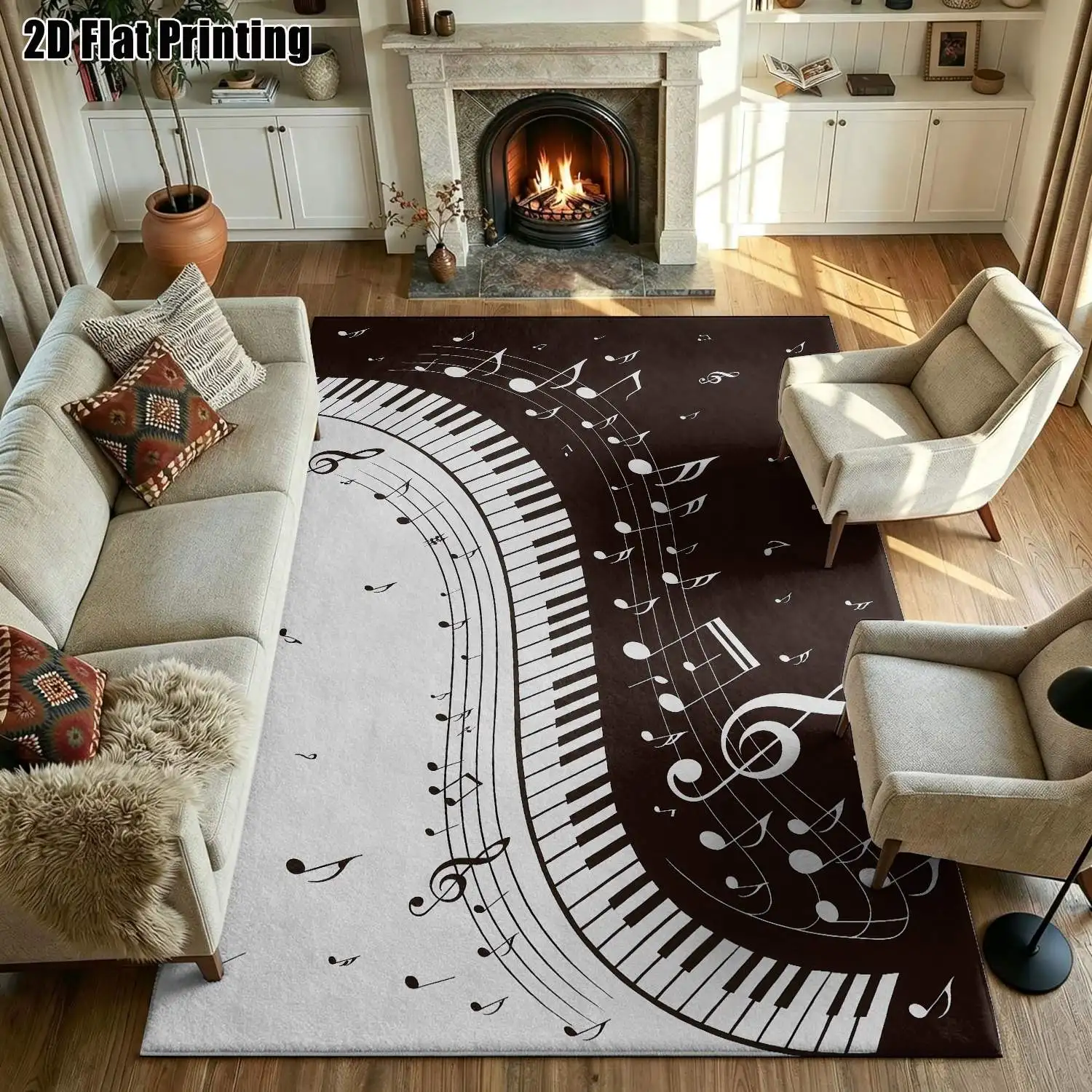 1Pc 2D Printed Black White Piano Note Pattern Carpet, Nordic Modern Minimalist European Geometric Instagram Style Floor Mat, Multi-Size Machine Washable Home Decor for Entrance Dining Foyer Study Living Room Bedroom