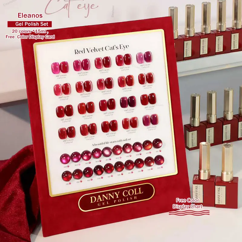 Eleanos Fall Winter 20pcs TPO HEMA FREE Red Gel Nail Polish Set New Year Magnetic Gel UV Semi Permanent Glitter Gel With Display