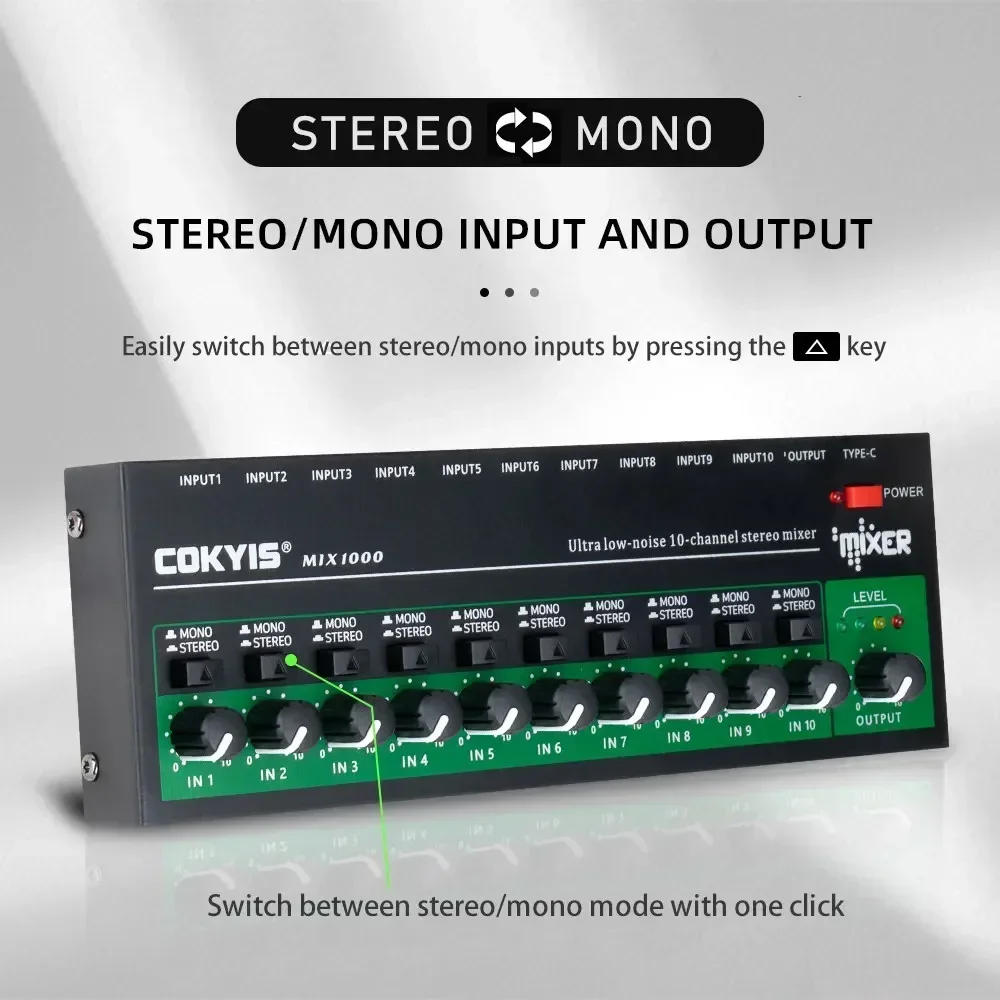 Professional 10 Channel Mini Low Noise Audio Mixer DC5V Audio Processor Portable for Guitar Bass Keyboard Stage Stereo Mono