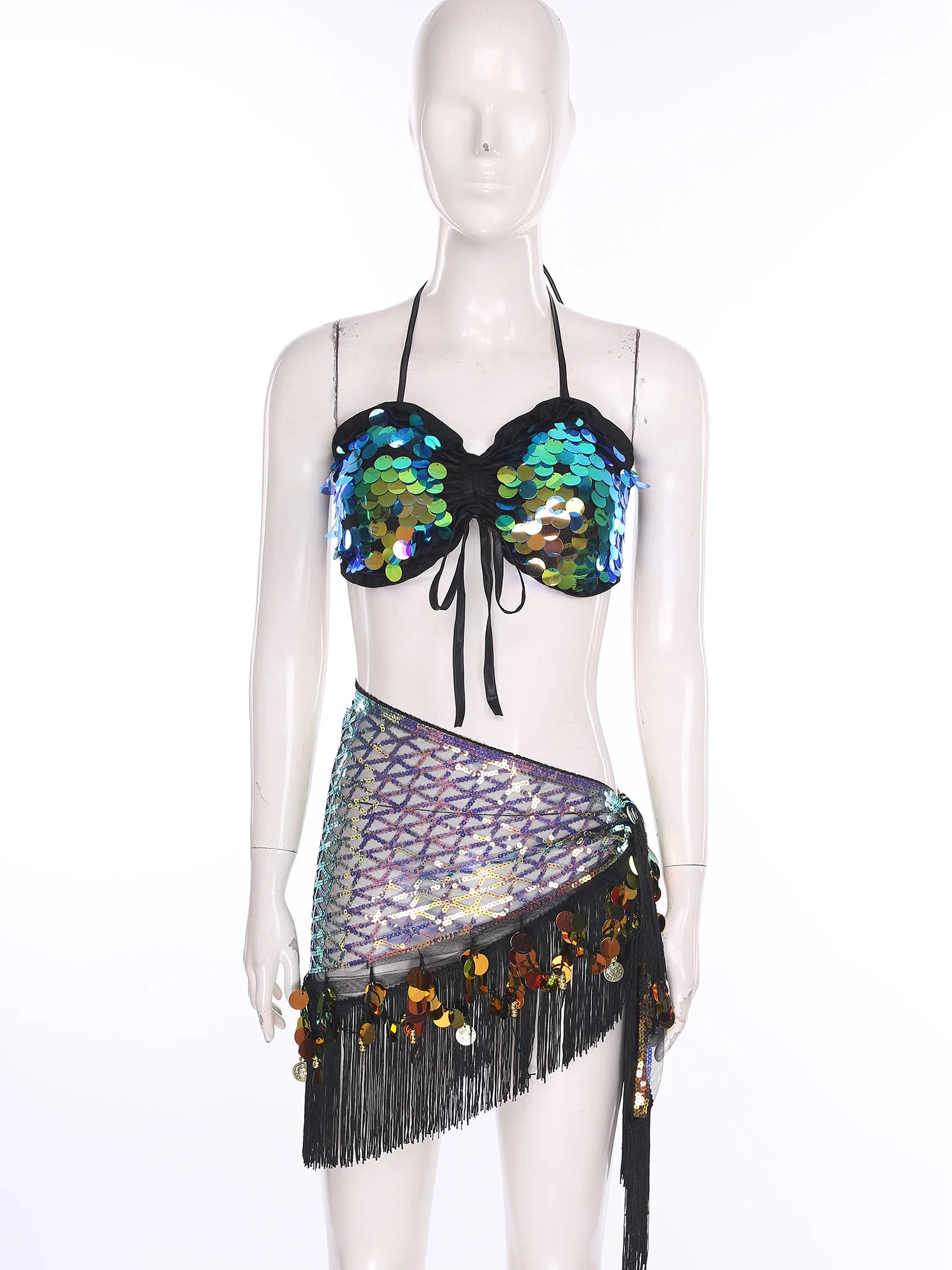 Damski seksowny zestaw do tańca brzucha: łańcuszek na pas, chusta na biodra, cekinowy top, spódnica z frędzlami, strój sceniczny, nowy kostium na Halloween, przebranie syreny.