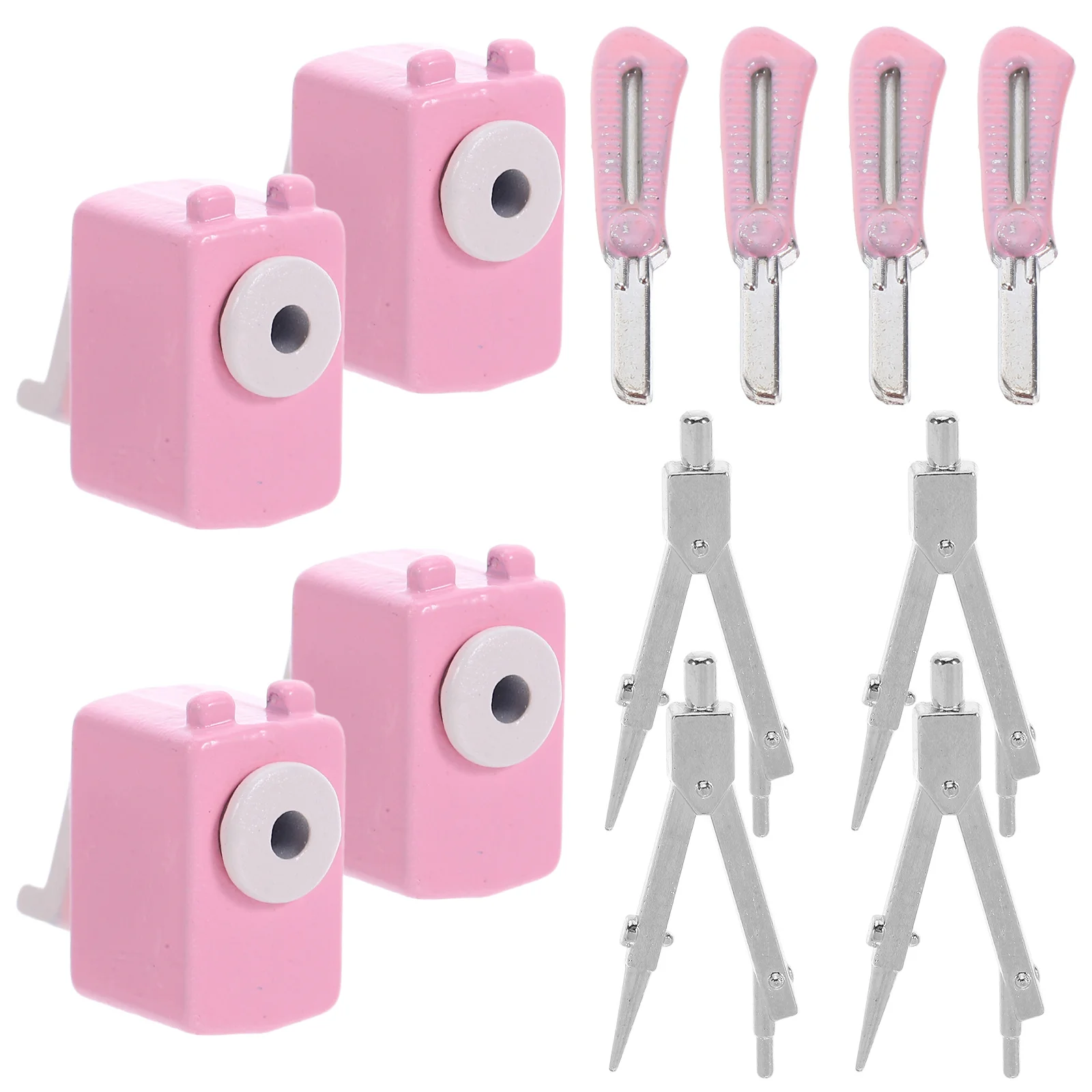 1 ชุดอุปกรณ์เสริมในห้องเรียนขนาดเล็ก: เครื่องมือบ้านตุ๊กตาที่สมจริงพร้อมกบเหลาดินสอ เข็มทิศ เครื่องตัดศิลปะสำหรับฉากบ้านตุ๊กตา