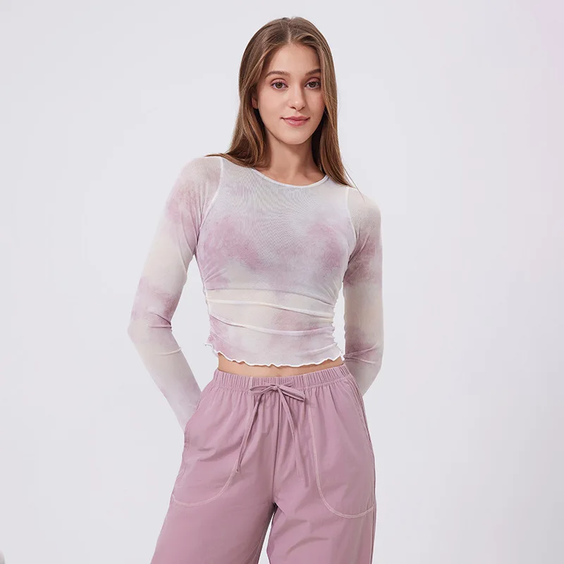 

Women Long Sleeve Mesh Gradient Color Fake Two Pieces With Chest Pad T-shirt Quick-dry Breathable Fitness Gym Workout Vest