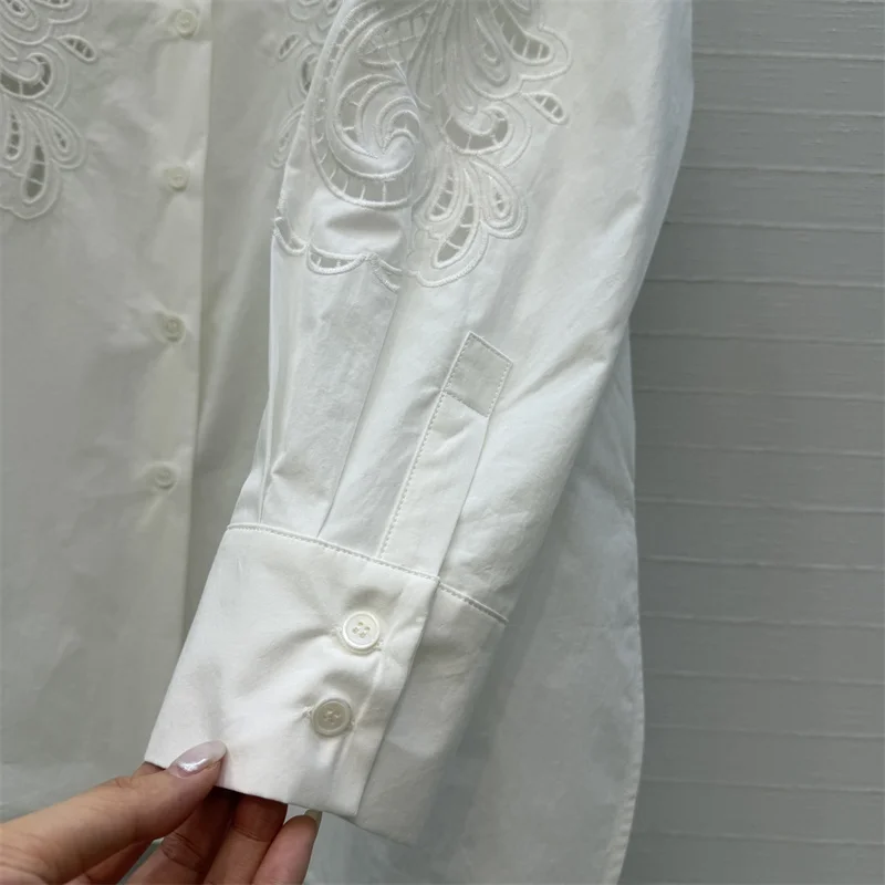 

Women's shirt Spring 2026 new single breasted slim women's long sleeved top Embroidered hollowed out pure cotton Women's blouse