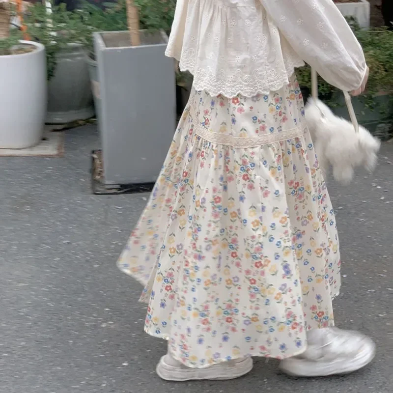 Faldas plisadas acampanadas con estampado Floral Vintage, faldas informales coreanas para mujer, ropa de calle femenina, Falda Midi elástica de cintura alta Chic