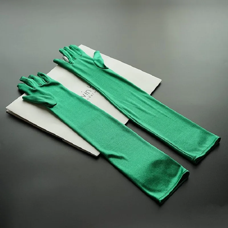 Green Orange Blue Long Shiny Stretch Satin Dress Gloves Opera Length Formal Prom Party Gold Finger Gloves gant mariage S215