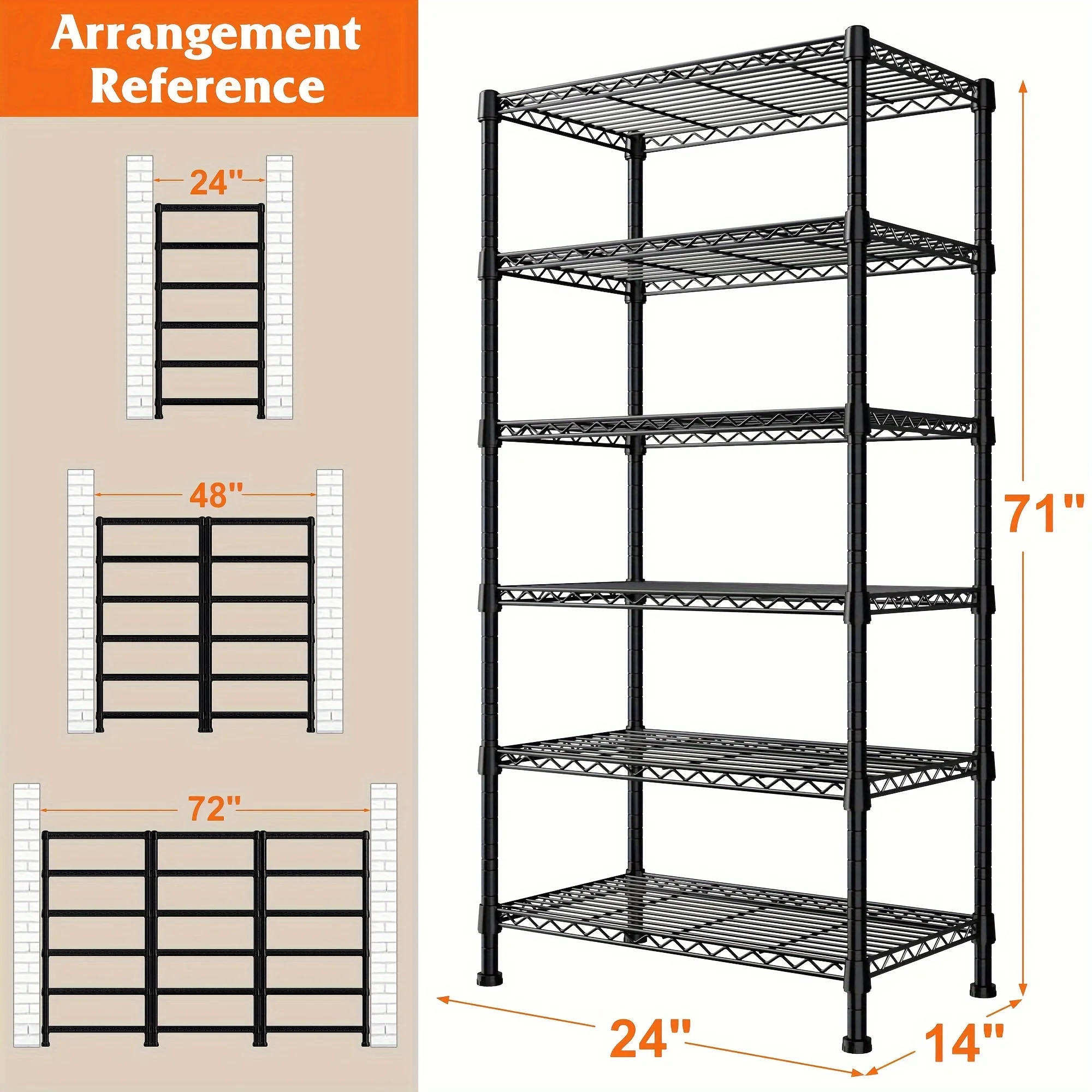 

6-Tier Heavy-Duty Wire Shelving Rack - Adjustable Pantry Shelf with 1000 LBS Load Capacity, Durable 24" W x 14" D x 71" H