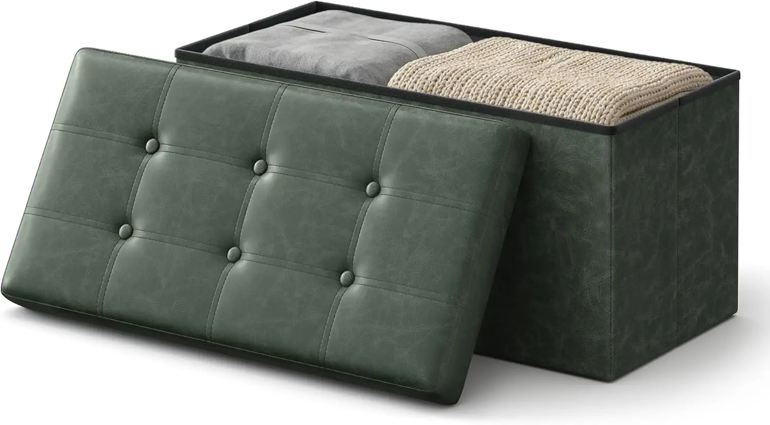

Storage Ottoman with Removable Lid, Foldable Foot Stool, PU Leather, 15.2 x 30.2 x 15.2 Inches, Green, for Living Room, Bedroom,