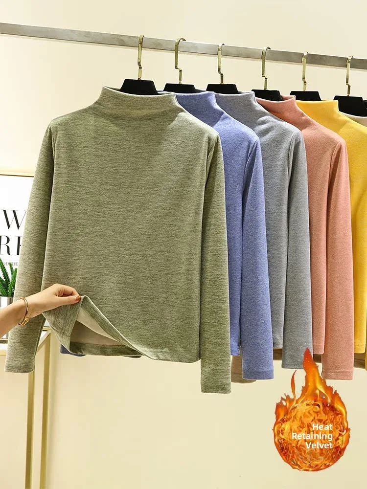 Thiened Fce f-High Collar Thermal T-Shirt Damen Winter Long Sve Base irt Dervo Sle Warm Top Damen Faion